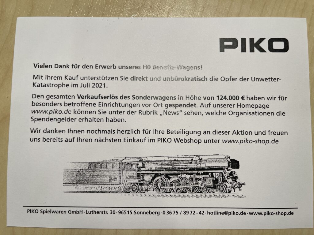 Dankeskarte zum Benifizwagen von PIKO. PIKO bedankt sich für den Kauf.
